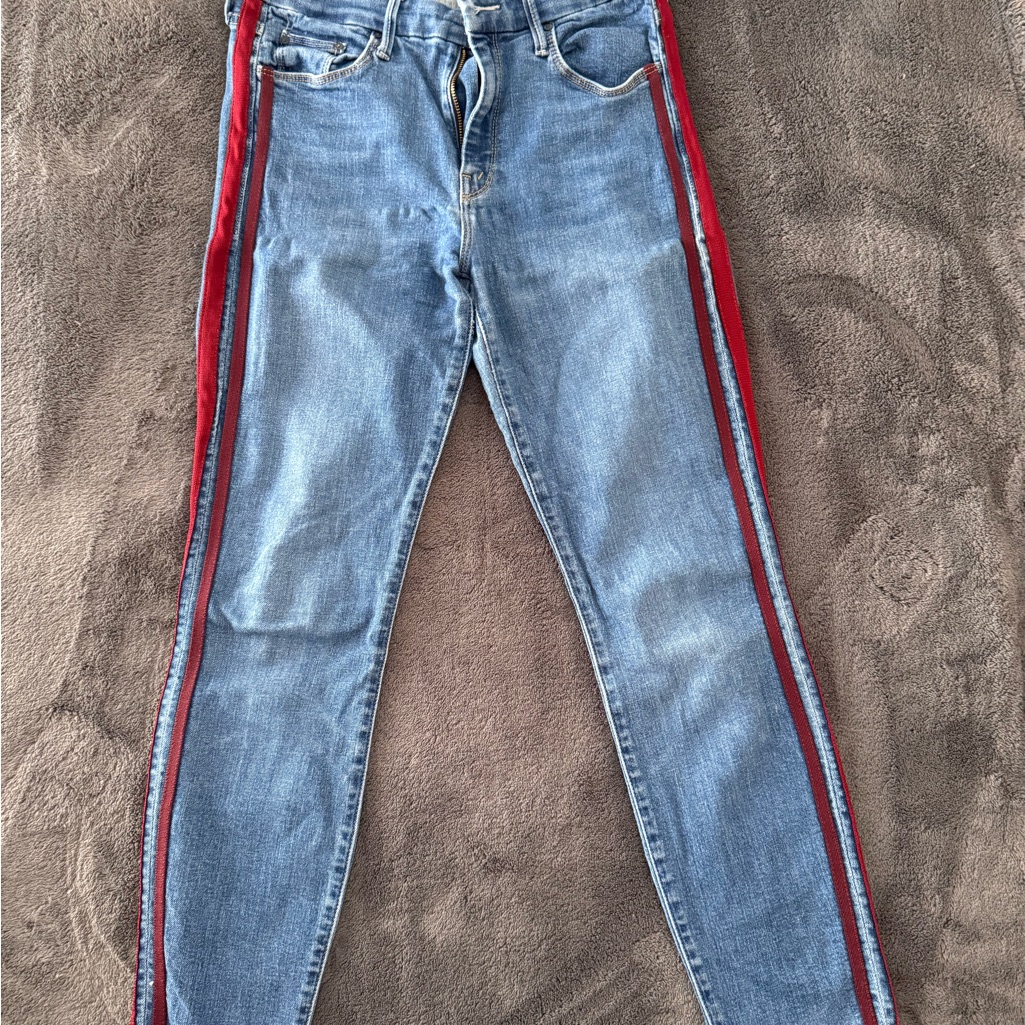 Mother The Looker Ankle Fray | Women's Blue Jeans With Red Stripe